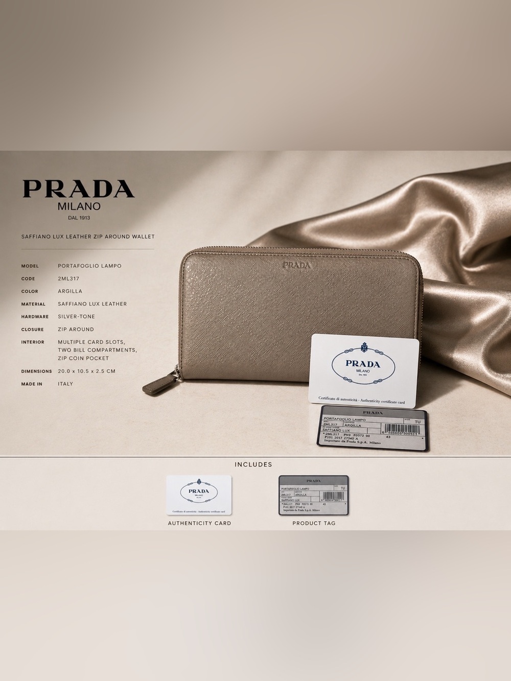 PRADA Saffiano Lux Zip Around Wallet – Argilla Taupe Beige